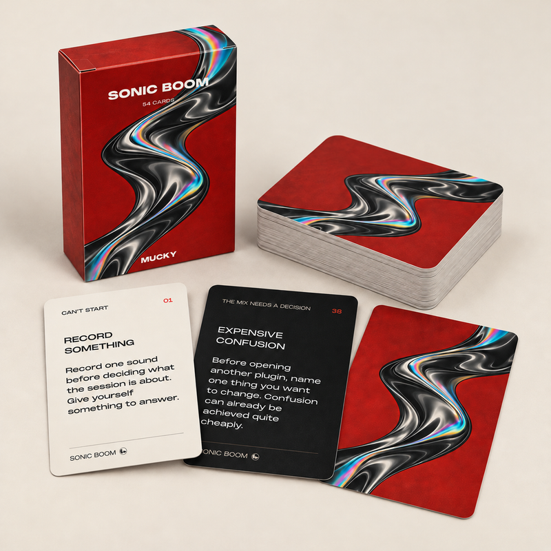 Concept mockup of SONIC BOOM by MUCKY with the matching 54 CARDS tuck-box design and artwork-only card backs
